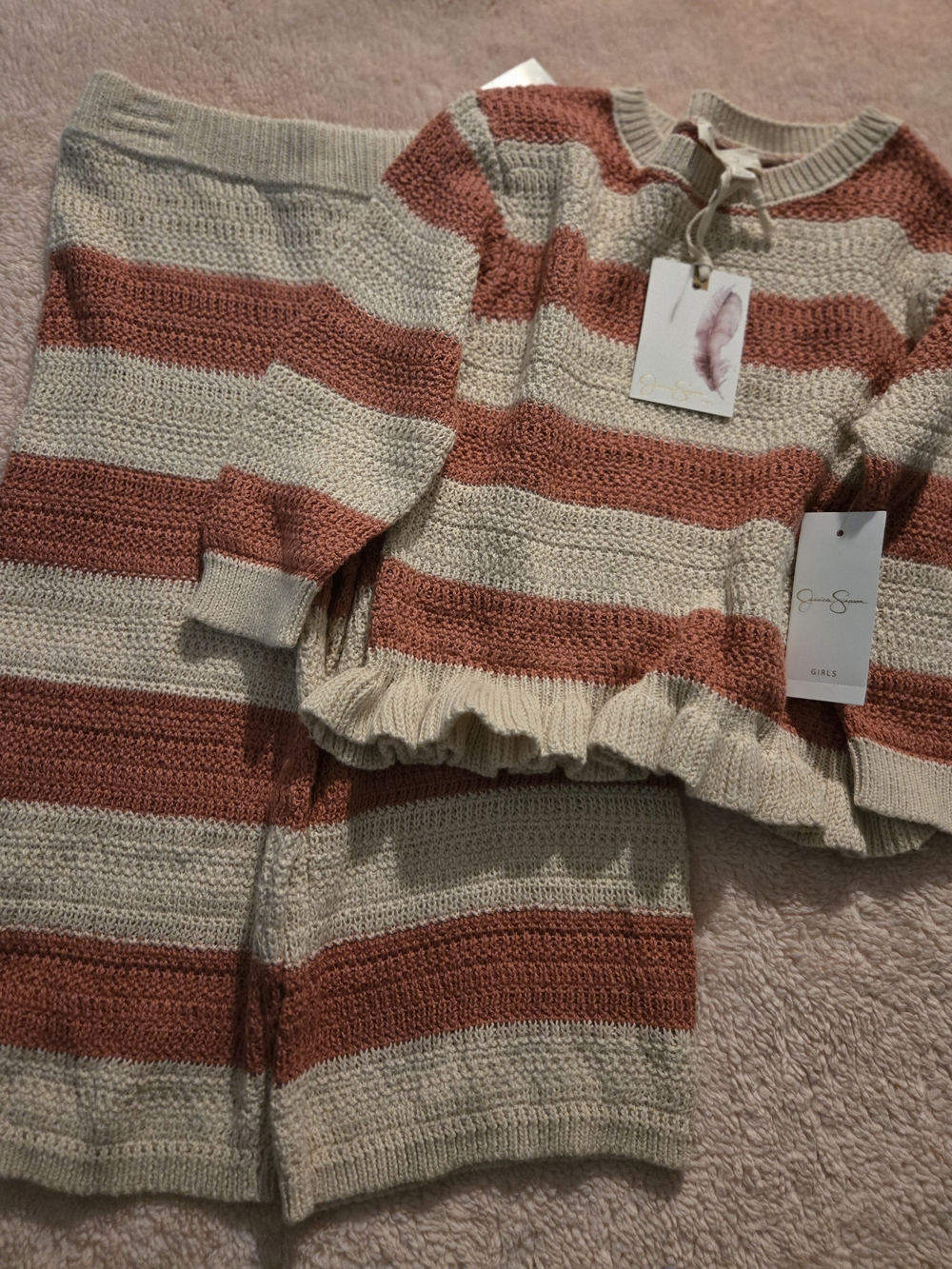 Girls Mauve and Cream Striped Knit Set